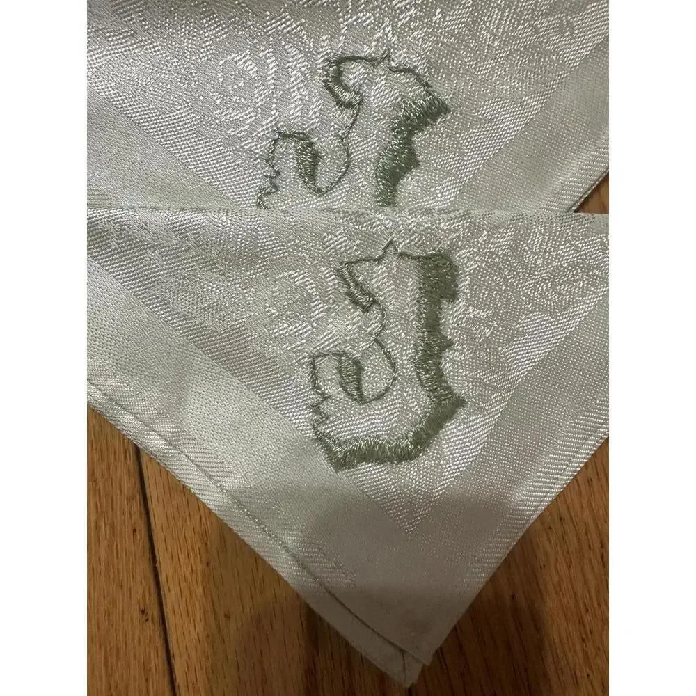 New VTG Mint Green Monogrammed J Linen Tablecloth & 6 Napkins Set Cottagecore